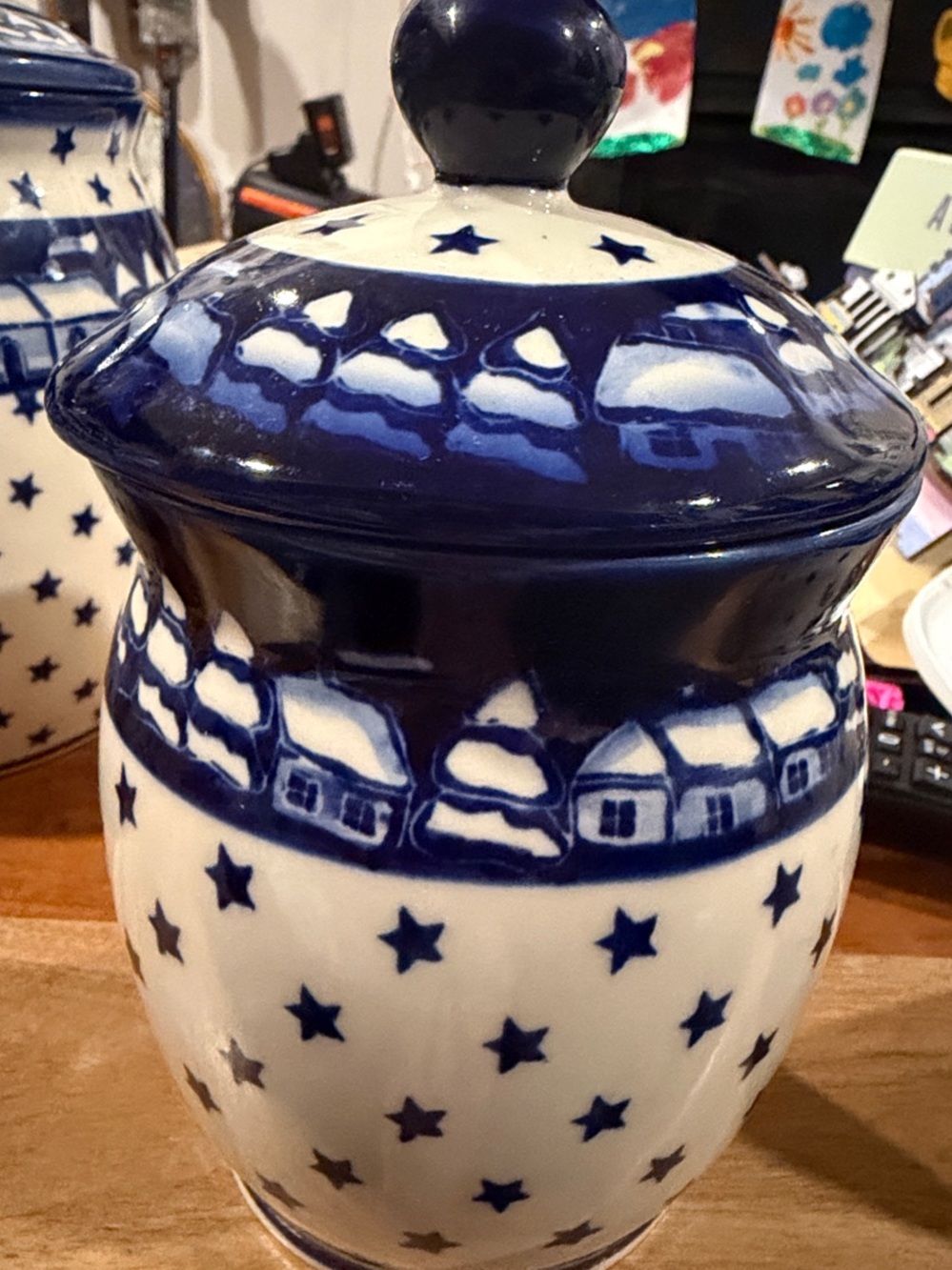 Polish Pottery Winter Village with stars canister 1 liter Ceramic